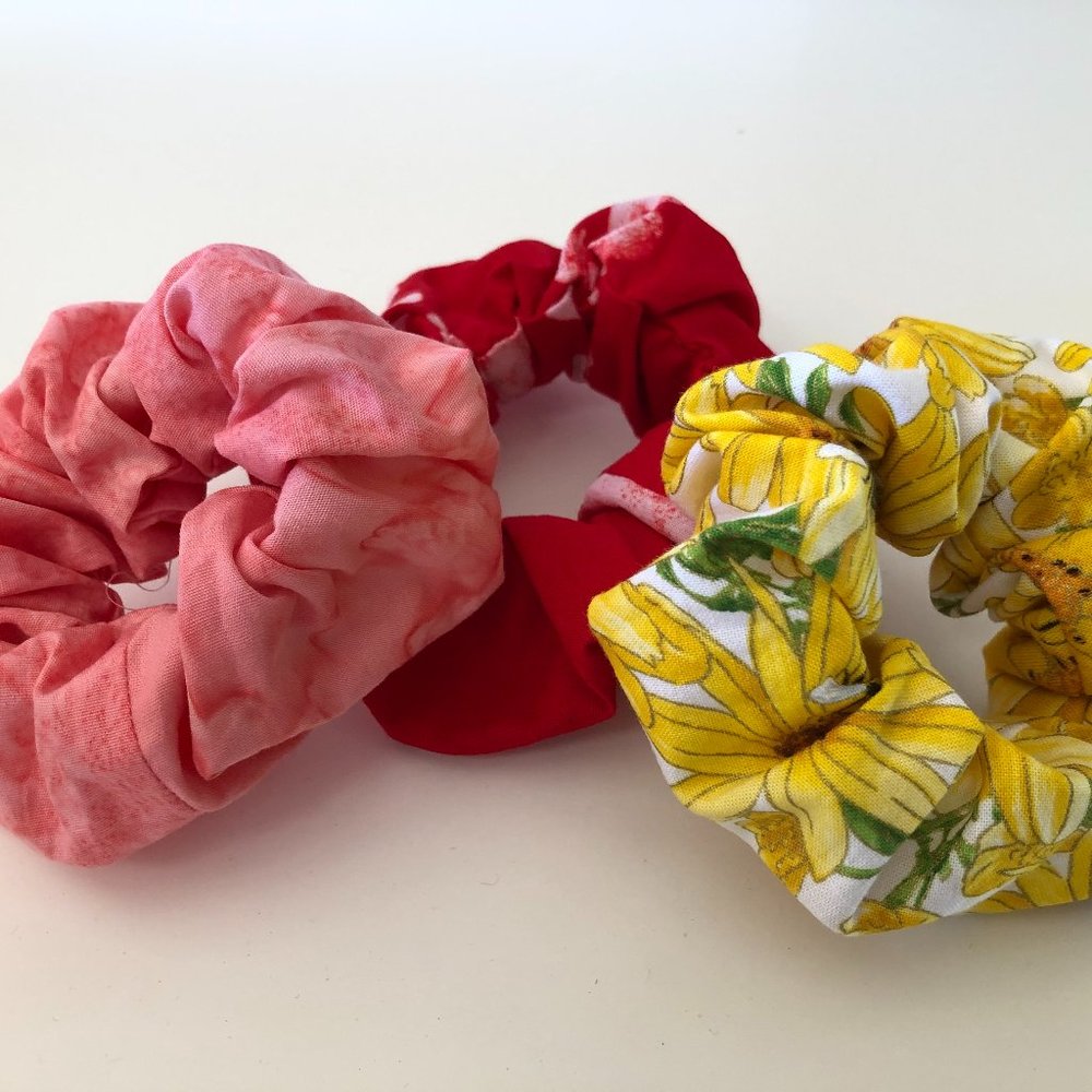 New Handmade Hair Scrunchies - Set of Three (Pink, Red & Yellow Print)
